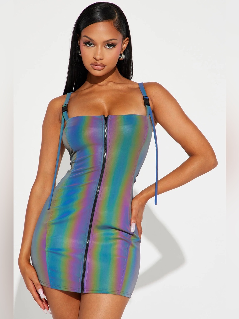 Fashion Nova Zip It and Clip It Reflective Mini Dress Multi Color Size M Sexy